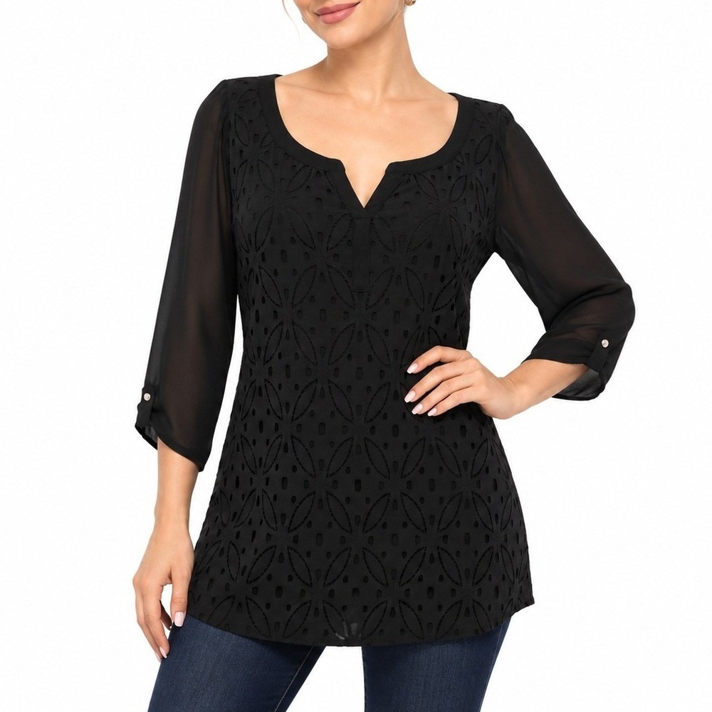 Rafaella Top Women XL Black Lace Front Long Sleeve Tunic Blouse Textured Gothic